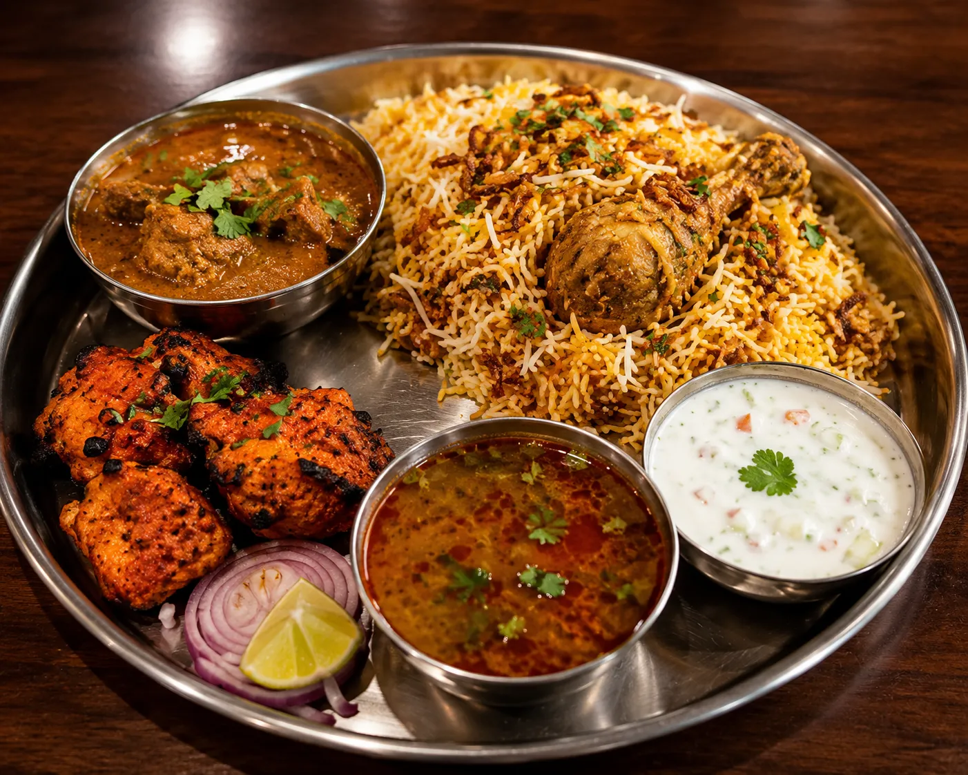 Traditional Hyderabadi platter with Indian starters at Biryani Unlimited Calgary